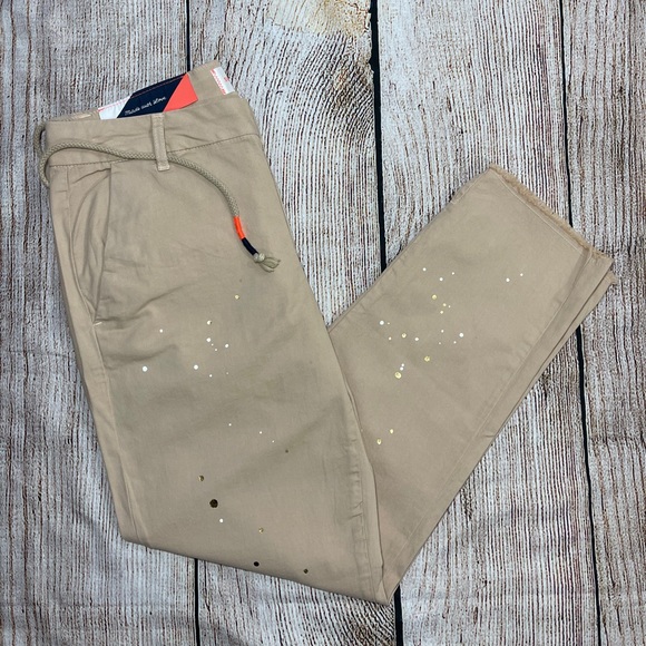 NEW Anthropologie Sundry Carpenter Paint Ankle Crop Pants Boho Tan Drawstring - Picture 16 of 16